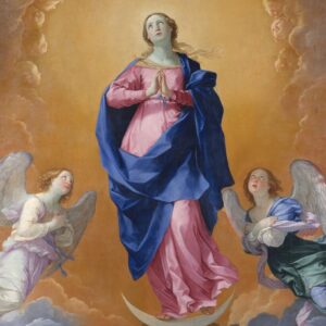 Madonna with angels on clouds in a golden sky.
